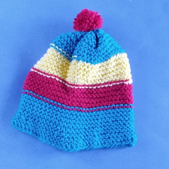 Vintage Hand-Knitted Made-in-Canada Colourful Beanie with Pom Pom - Picture 2 of 5
